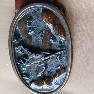 Bergamot Brass Belt Buckle 1983, Running Buck, with hand tooled leather belt, 34